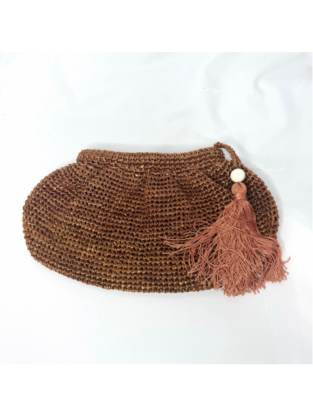 Vintage 1980s Rafael Sanchez Brown Woven Beaded Tassel Clutch